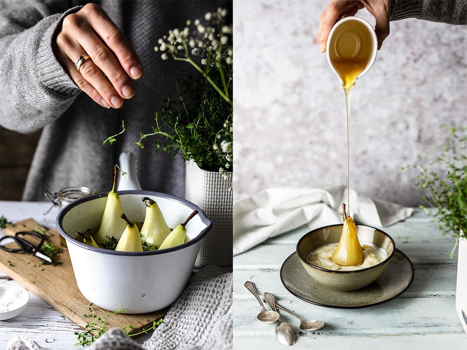 Pochierte Birnen mit Thymian und griechischem Joghurt